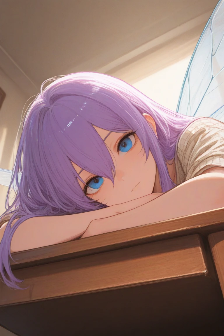 (masterpiece:1.5), highest quality, super detailed, very detailed, exquisite, 16k, full HD, very aesthetic, absurdres, 1girl, purple hair, long hair, anime, looking at viewer, lying down, skirt, blue eyes, blush, indoors, detailed background