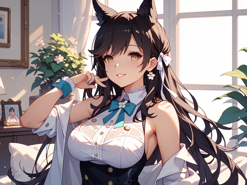 Emilia re:zero, purple eyes, Emilia, crown braid, x hair ornament, flower hair ornament, white hair, long hair, medium breasts,, long hair, two side up, hair ribbon, tiara, parted bangs, hoop earrings, jewelry, bare shoulders, neck ring, bikini, single sleeve, detached sleeves, single thighhigh, black thighhighs, 1girl, solo, facing viewer, looking at viewer, upper body, smile.