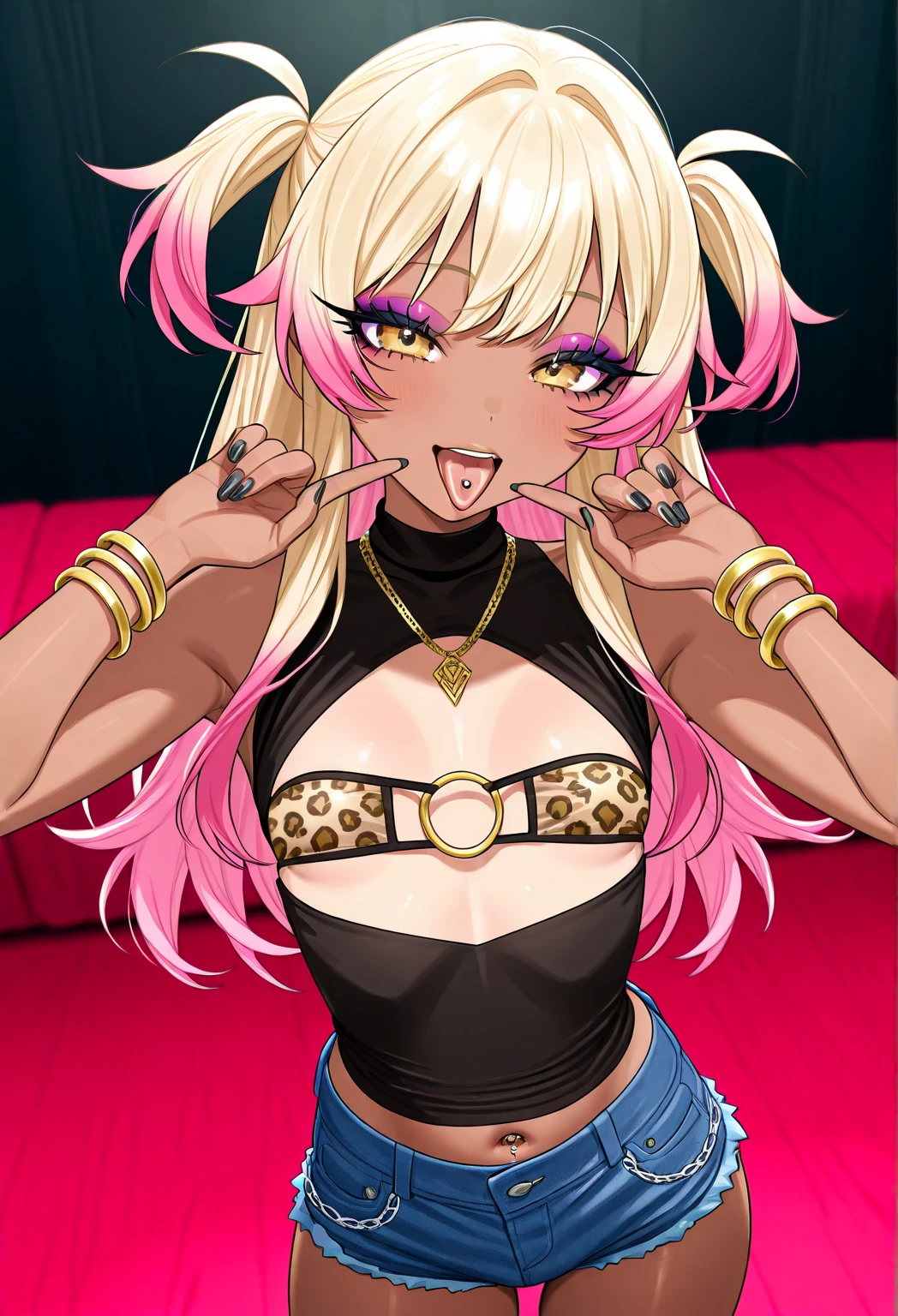 masterpiece, best quality, highres, silencesuzuka, green eyes, (horse girl, horse ears), horse tail, kogal gyaru, jewelry, hair ornament, bracelet, (tan), (makeup), polished nails, long fingernails, flat chest, dress shirt, Denim shorts, bra peek, leopard print, dark skin, 😄, hands on waist