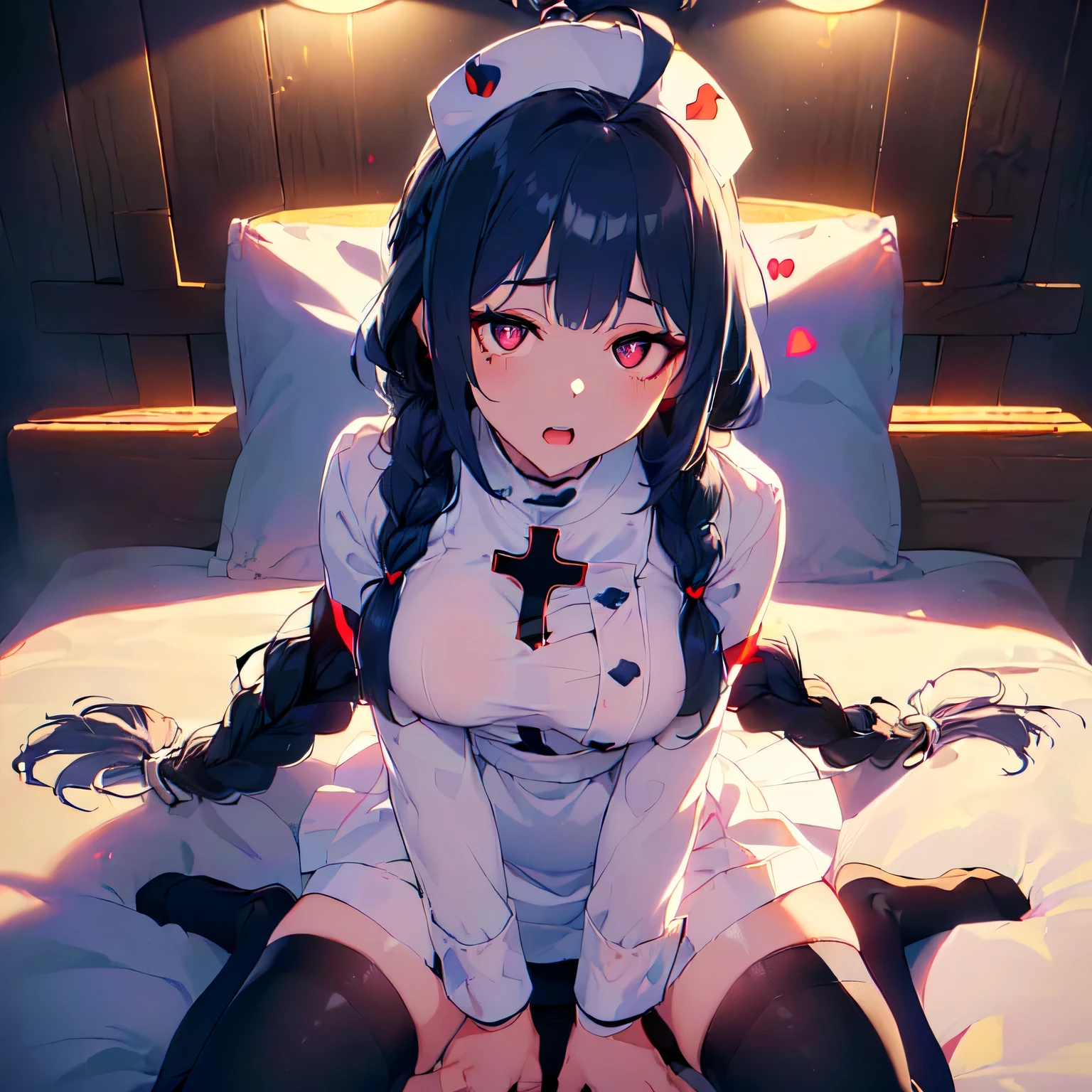(single girl, POV, cowboy shot, 3D render, lights out, metal bed with black basement walls: 1.2), (heart emojis expressing emotion: 1.5), (human with big boobs: 1.2), (girl on top, straddling, on pillow: 1.5), (petite, anatomically correct, glossy texture, skin texture: 1.5), (pure black nurse uniform, black knee-high socks, pure white nurse skirt, pure black nurse cap, long sleeves: 1.5), (yandere face: 1.5), (dark navy blue hair, super long hair braided low, ahoge, strong cross wind: 1.8), (crazy eyes, eyes with no highlights, plain eyes, slanted eyes, dark blue pupils, eyeshadow: 1.2), (unreal engine, UHD, Retina, masterpiece, accurate, skin texture, ultra HD, high quality, highest quality, high resolution: 1.2)
