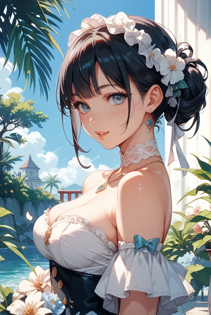 {Japan slender beautiful girl}, high resolution, top quality, super detail, light blue swimsuit, wedge, fine details, no blush, bite, gray ponytail