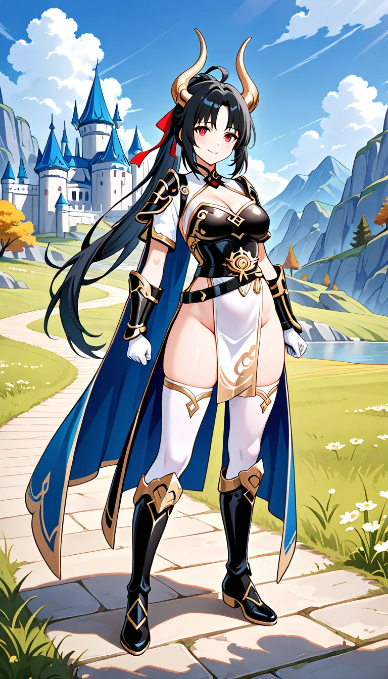 (masterpiece:1.37), best quality, (extremely detailed:1.37) plegianTh, two side up, hair ornament, feather hair ornament, bodystocking, bracelet, gold jewelry, bridal gauntlets, anklet, breasts, (wetting herself:2.0), standing straight, full body day, daytime, glow, facing viewer, perfect composition, full body, medieval, castle, desert