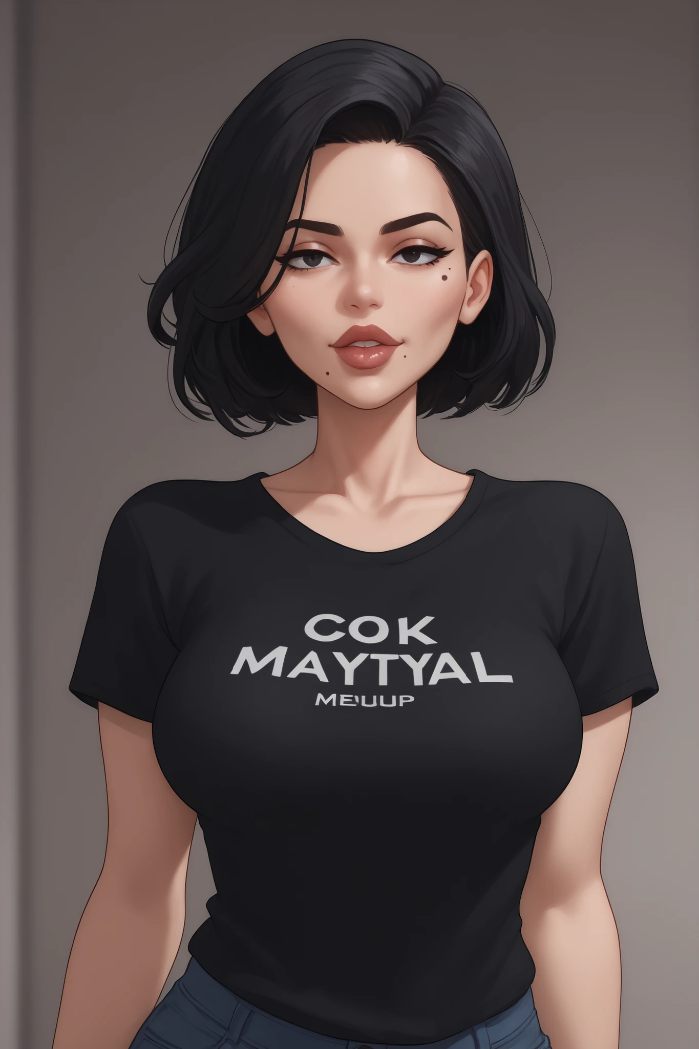 lips,tall, milf, beauty mark, medium breasts, cool face, brunnete, short curvy hair, black hair, (((character for visual novel))), Black T-shirt ,Talking to viewer