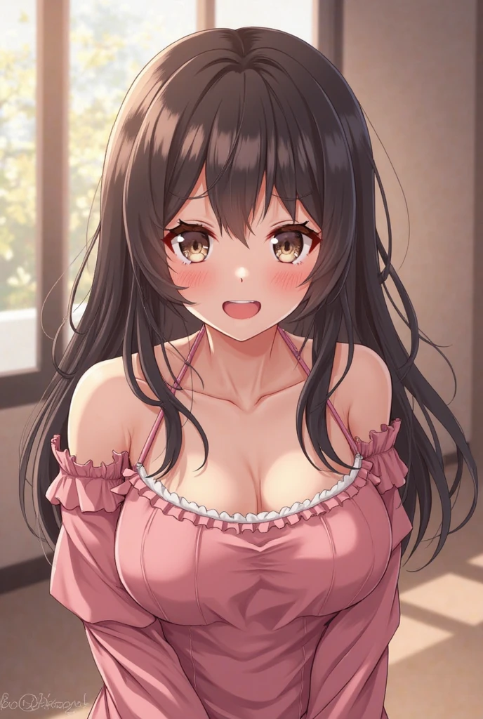 (table top, highest quality, High resolution, , perfect pixel, 4k,), 1 girl, single, alone, Beautiful woman、I could see the whole body、 ((wavy middle hair, bangs, brown hair)), ((brown eyes, beautiful eyelashes, realistic eyes)), ((detailed face, blush:1.2)), ((smooth texture:0.75, realistic texture:0.65, realistic:1.1, Anime CG style)), medium breasts, dynamic angle, perfect body, ((, beige off shoulder sweater、、black stockings、cute necklace、earrings、)), upper grade、shy smile、Luxury hotel room、sleep on your back in bed、((open legs))、angle from below、Put your arms together to accentuate your cleavage、、((Pink lace panties are visible))、