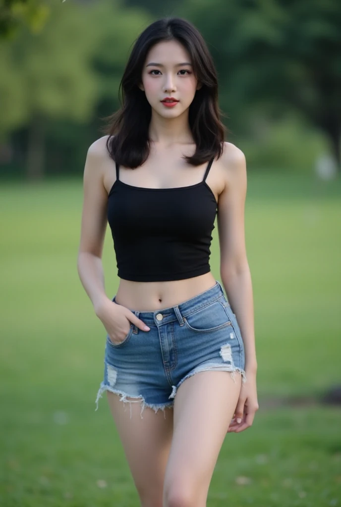 A 16-year-old Japanese girl is smiling and standing by the lake:1.8,((Big Breasts));1.3,cleavage,Full body photo:1.2,8K,RAW Photos,Highest quality,masterpiece,realistic,Photorealism:1.37,(Highest quality),(Best Shadow),Erotic,sexy,highres,Physically Based Rendering,Cinema Lighting,Raw photo,Realism,Realistic photos,Sharp focus:1.2,Full body photo:19,The whole body is visible:19,Full body photo:19,Beautiful woman with perfect style:1.3,Beautiful legs:1.3,alone,slender:12,(Flowing black and very long hair):1.4,Smile slightly:12,Black shoes:1.Highly detailed face and skin texture:1.2,Long black hair:1.7,Light on face,((Big Breasts:1.3)),The whole body is visible:19,View from the front:14,A strong wind is blowing from the left:1.7,Hair fluttering in the wind,Short tank top with ripped bust,High-cut bikini shorts with ripped crotch,