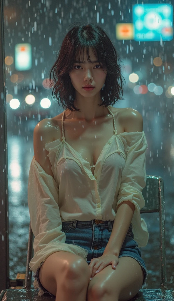 girl youtuber,(((1girl))),((extremely cute and beautiful green curly-haired girl)),
(short breasts:1.4),big butt,(((green curly hair:1.35,very curly hair,colored inner hair,ear breathing,short hair))),(((green_eyes:1.3))),intricate eyes,beautiful detailed eyes,symmetrical eyes,big eyes:1.3,((fat)),(((lustrous skin:1.5,bright skin: 1.5,skin tanned,shiny skin,very shiny skin,shiny body,plastic glitter skin,exaggerated shiny skin,illuminated skin,wet legs))),detailed body,(detailed face),
cute,slutty,seductive,erotic,(((nsfw))),
zettai ryouiki,revealing clothing,show skin,((rave mini-skirt,visible thong straps,white loose tank top with an anime art print)),((wet clothes,intricate outfit,intricate clothes)),
(dynamic pose:1.0),embarrassed,(centered,scale to fit dimensions,Rule of thirds),
cyberpunk city by the ocean at night, with bright neon signs and dark stormy clouds and puddles, scenery:1.25,
artistic photography,(photography taken by sldr),highres, sharp focus, (ultra detailed, extremely detailed), (photorealistic artwork:1.37),(extremely detailed CG unity 8k wallpaper),((synthwave background theme)),(((vibrant colors))),(intricate background),(masterpiece),(best quality),