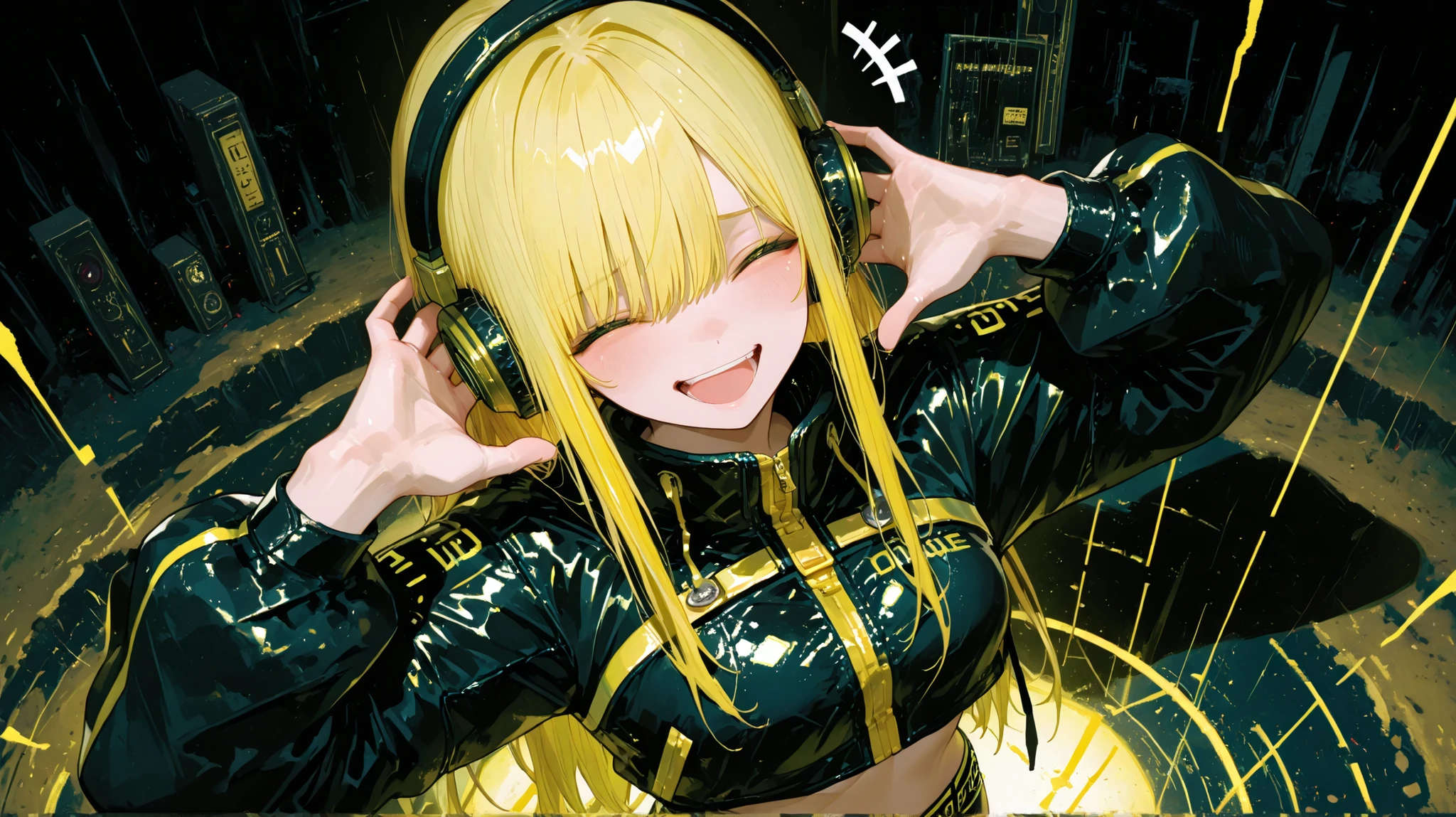 Slender woman in cool beauty style. Female Solo. Her yellow hair is partially accented with black. big headphone. A look of bewilderment.Stretch your tongue.she has short hair. Blunt bangs. Two cords extending from the headphones. Medium bust. Yellow and black bondage. The tattoo. Sharp eyes.