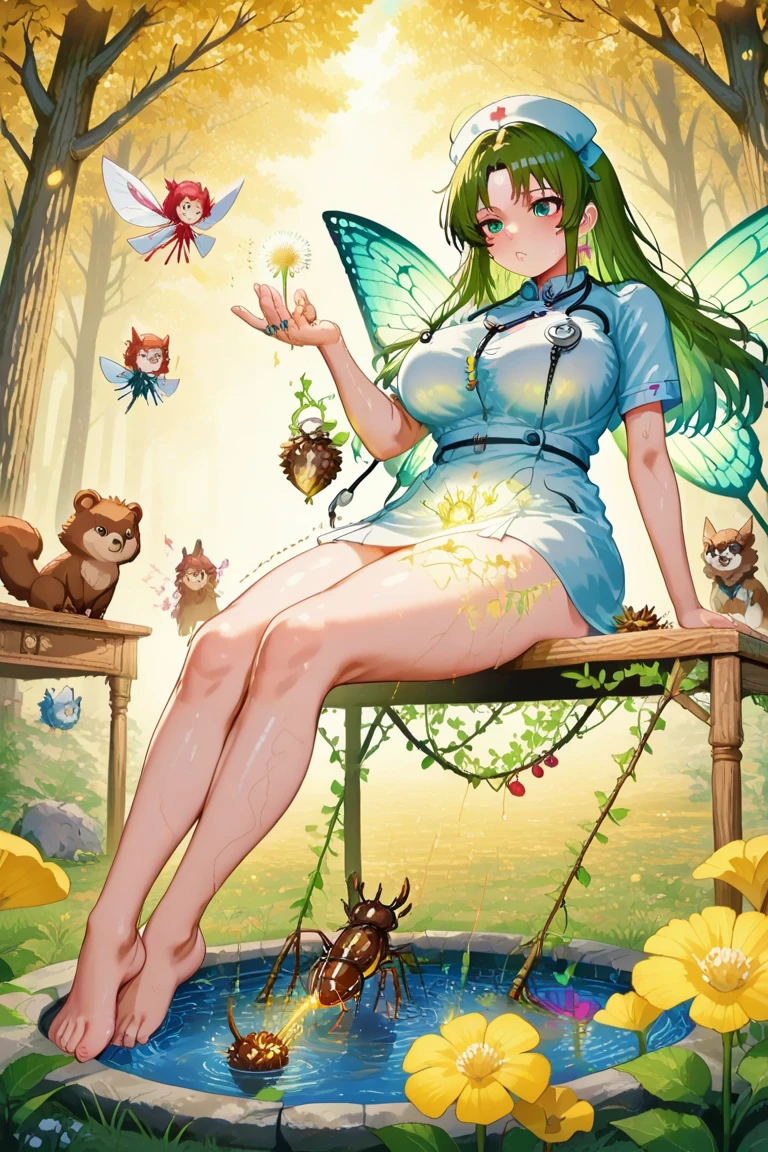 ( Absurd, High quality, ultra-detailed, masterpiece, concept art, smooth, highly detailed artwork, hyper-realistic painting ) , tiny , cute, whole body, Romantic, Vivid, dreamy, fantasy, fairy wings, in the forest, enchanting glow, very detailed art, reveal clothes, sexy lace underwear, transrarrent clothnes, perky niples, ((pregnat)), redhead