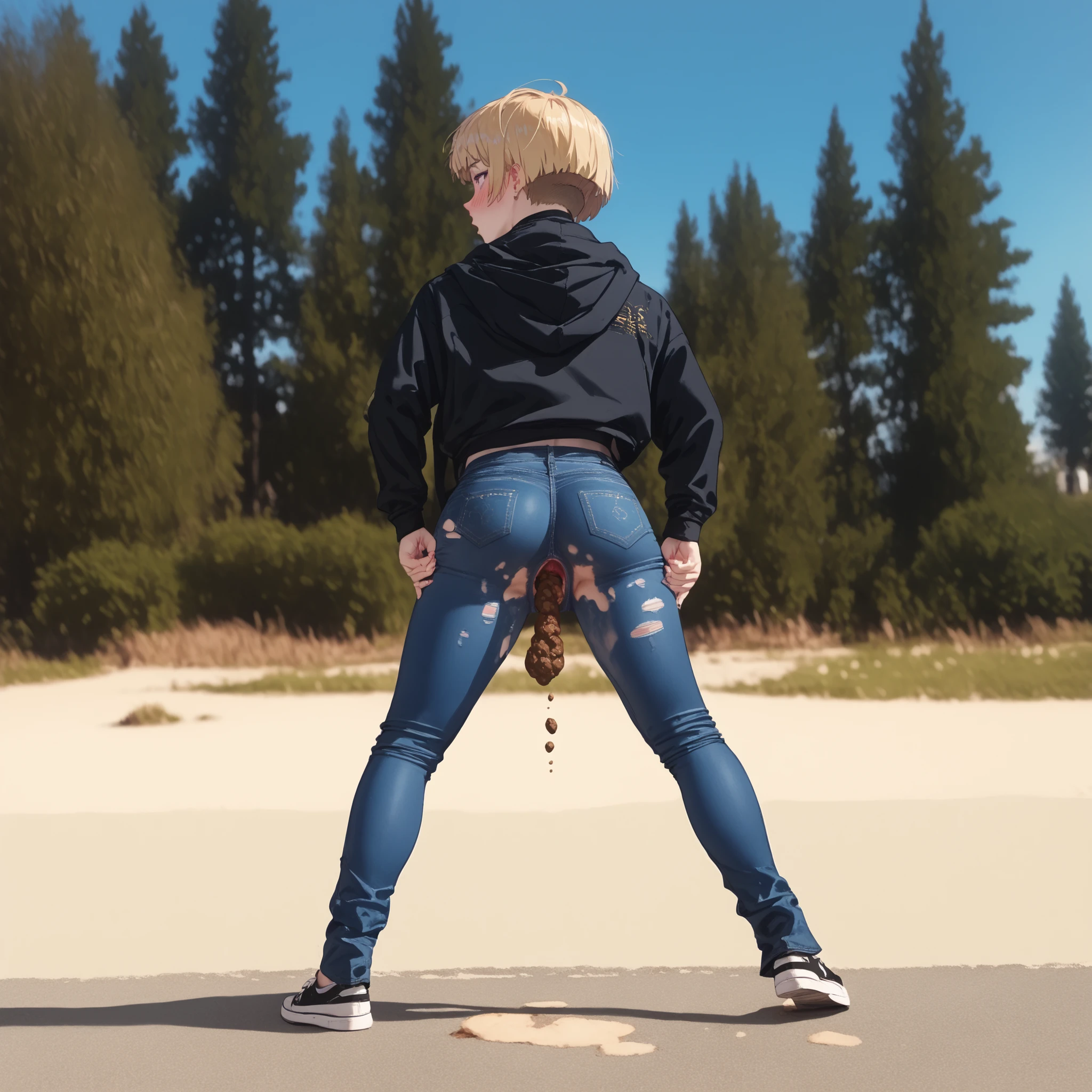 score_9, score_8_up, score_7_up, best quality. Slim sporty boy 1boy, wearing hoodie, 1boy, (is standing, Legs lowered :1.1), ((( Poop ,)), internal, 1boy, blonde hair, (short bob, crew cut,),, wide shoulder ,thin waist, wide hips, break, (a pair of light blue skin tight leggings jeans:1.8), (((jeans hole Poop ,, with poop))), . A hard piece of excrement protrudes from a small hole ween the back pockets of his jeans. , ,,blush,
