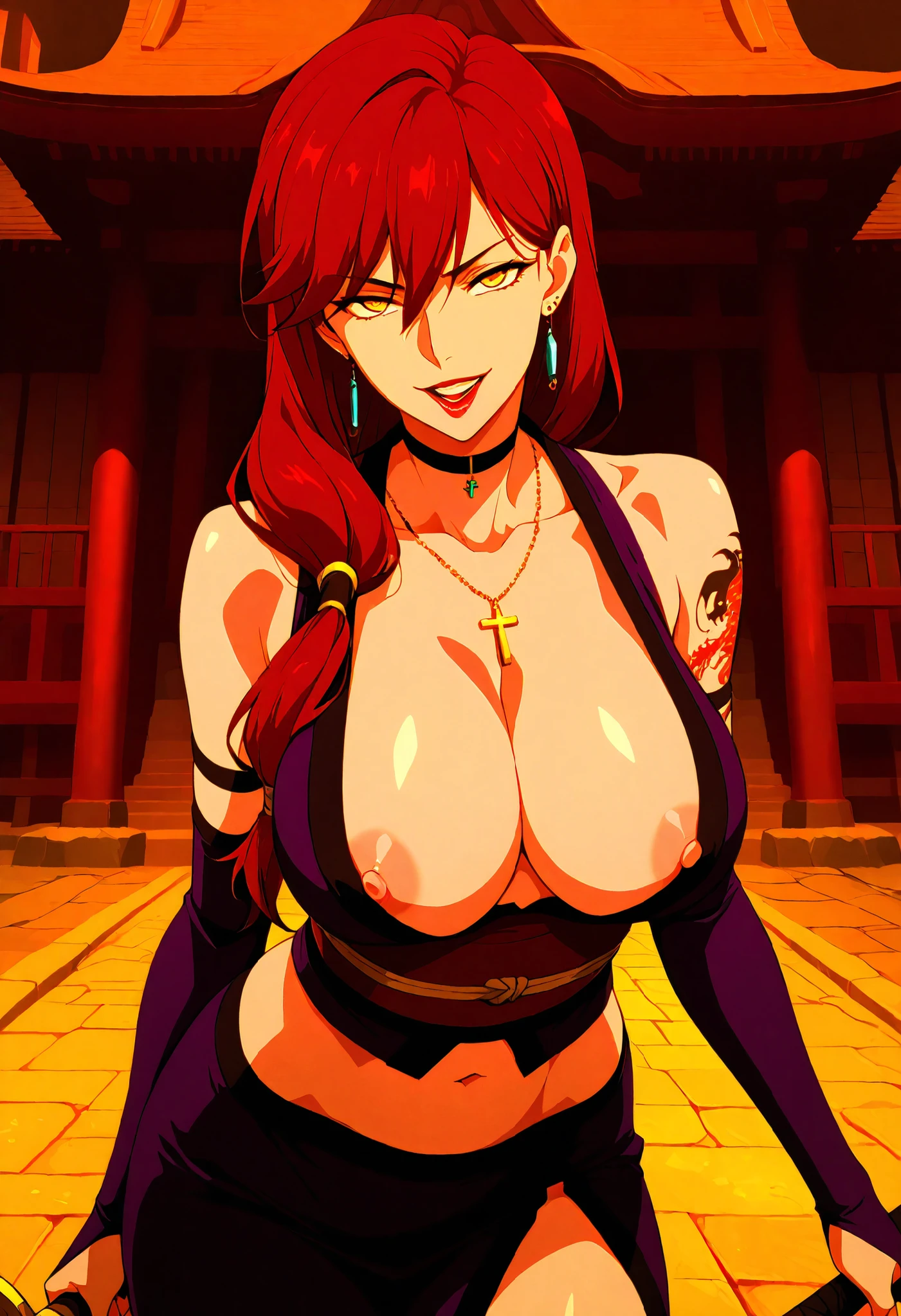 masterpiece, detailed, beautiful, 1girl, mature female, milf, curly red hair, bob cut, (freckles:1.2), red corset, neckbell, collar, garter belts, standing against a simple wooden wall, brown eyes, little horns, wide waist, black cow ears, wide hips, veiny breasts, chubby, slightly muscular, standing looking at camera, full lips, dark red lipstick, (massive heavy breasts:1.5), (massive areolae:1.5), sleeveless, overhead shot, hard nipples, smiling, closed mouth. <lora:curly_hair_slider_v1:3> <lora:manyuu-768:1>