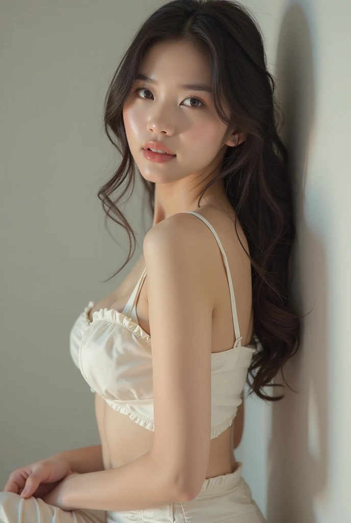 (8K、RAW photography、Highest quality、masterpiece:1.2)、(Realistic、Photorealistic:1.37)、Ultra-high resolution、One Girl、cute、solo, Browsing Caution，Highest quality，masterpiece，8K，Droopy eyes，Big Breasts，Beautiful breasts, Inside the room, White lace fabric bra，White Thong, Highly detailed face, Highly detailed lips, Fine grain, double eyelid, Exquisite detail and subtle sparkle, Photograph her in poses that reflect both grace and confidence, Enhance visual effects with cinema lighting. Use modern 2D design for the background, Create beautiful, balanced compositions. Enhance the scene with elements such as depth of field, bloom effect, And a touch of sparkle, Add a dreamy texture to the overall image. Pay close attention to detail