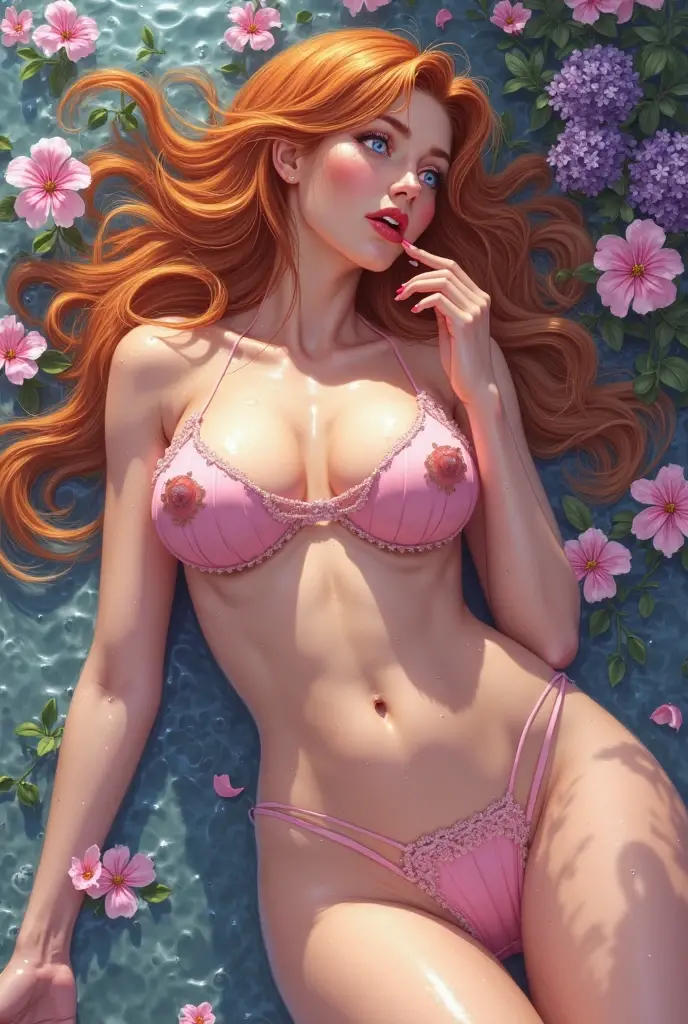 single focus lens, 8k, face is Ultra-realistic, sensual woman, photographed, textured skin, ((spread arms:1.2)), (laugh with your mouth wide open:1.2), very dark makeup, pink lipstick, honey blonde hair, ice blue eyes, voluptuous big buttocks, big G cup breasts, narrow waist, beautiful breasts, highlighting cleavage, (sexy luxury sheer strawberry panties:1.2 and floral embroidered sheer bra:1.2 and garter belt:1.2), the background is a tunnel of flowers that cover the entire body, luxury necklace and earrings and trendy choker,