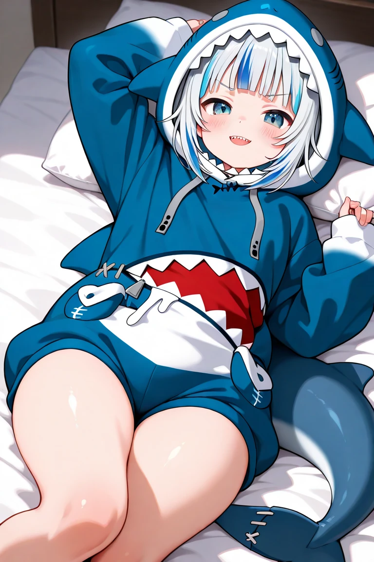 2d, tmasterpiece, Best quality at best, Japanese cartoon, The face  very detailed, highly details eye, very highly detailed background, perfect litthing, Full body lesbian, 1个Giant Breast Girl, Alone, gawrgura, Shark Girl, shark hair ornament, Blue hoodie, Shark tail, Shark print, :d, dentes pontiagudos,(Tong:1.1),The barefoot, on top of bed, spread their legs,