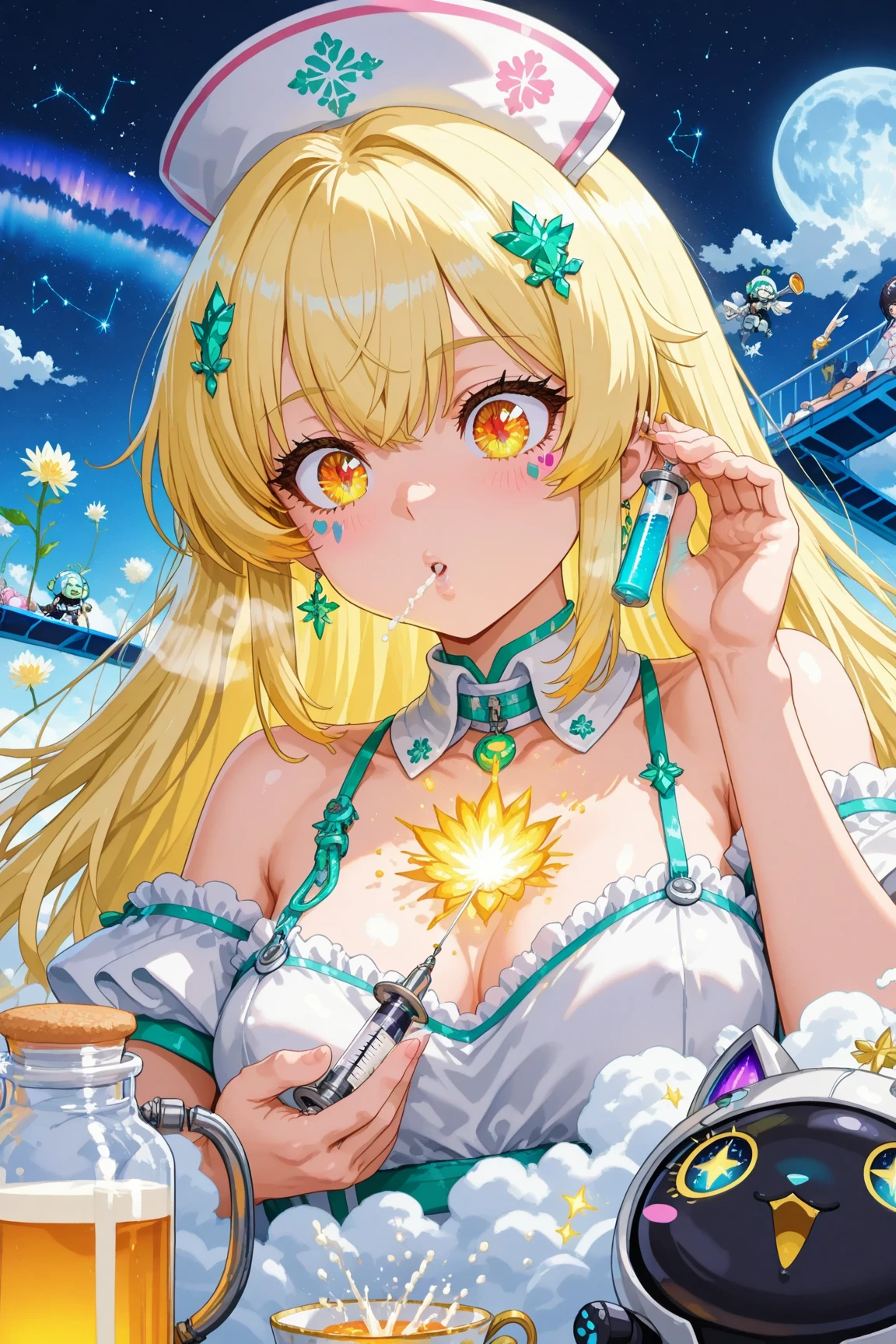 1 woman,cowboy shot, (전신 샷 구도), piercer,long brown hair,yellow mesh hair,expressionless,glowing line jacket,black bikini,face focus,face close up,from the side,looking at viewer, in school,after school,erotic, multi color gradient,purple,blue,Red,starry sky, lovley, deep digital painting layer,soft ambient lighting,vivid colors,fluid watercolor technique, (absurd, incRedibly absurd, Add layer, panoramic view:1.2), 사이버펑크 분위기 믹스, chest concentration, ,buruma, gym uniform, 아주 매끄러운 드로잉 선 윤곽, 아주 깔끔한 드로잉 선 윤곽, beautiful cell anime style paint, 스타일리시 아니메 스타일