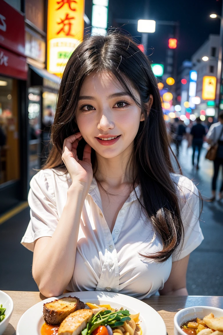 Tabletop, Highest quality, figure, Very detailed, In detail, High resolution, 8k wallpaper, Perfect dynamic composition, Beautiful attention to detail, Business-like suit, Medium Hair, Same as, Natural color lip, Random sexy poses, Big ample breasts、smile, Aoyama Street Walk, 20-year-old girl, Depth of written boundary、Whole Body Ezbian