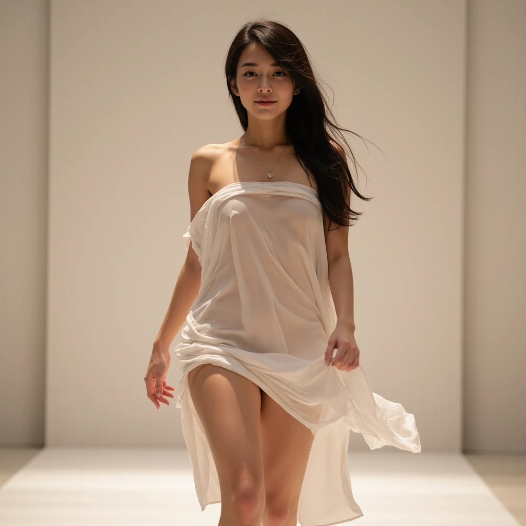 absurdres, RAW photo, extremely delicate and beautiful, masterpiece, Best Quality, ultra high resolution, 16k, hyperrealistic, realistic, photorealistic, photo-realistic, ultra-detailed, perfect anatomy, super Detailed skin, perfect figure, Very detailed CG 8k wallpaper, nude, pussy, shaved pussy, nipple, perfect nipple, perfect breast, round breast, perfect fingers, (full body :1.2), super white skin, standing, blushing, windy, sexy leg, smile, puffy hair, bangs, long leg, (nude girls), messy hair, flat bangs, sexy lips, cute hair, no bra,  from below, all hands down, open mouth, all nude,  all hands down, gold necklace,  small round breast, perfect medium round breast, perfect pussy, vagina, nude, long leg, open long skirt, shy, holding flower, blue skirt, angkle boots heels, flower crown, (many people walking on background), hourglass body, big bottom, princess skirt, blue skirt, walking at catwalk satge, catwalk stage, spot light, laser light, many people watching, 