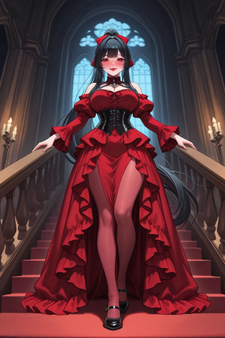 Highest quality, masterpiece, Ultra-high resolution, female、Big Breasts、19 years old、Casual Dresses、corset、High heels、gloves、stockings、Dark Skin、Elegance、Long Hair、Red Hair