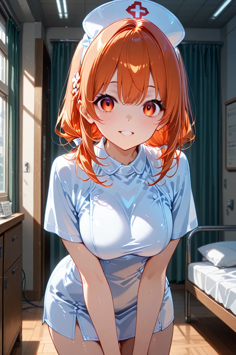One Woman, Highest quality, masterpiece, Ultra HD, Beautiful breasts, Cleavage, anime, Forehead visible, super beautiful, high school girl, Beautiful breasts, Shapely breasts, Upper Body, nurse, short hair, Gal, hospital, Hospital room, smile, Yuigahama Yui, 