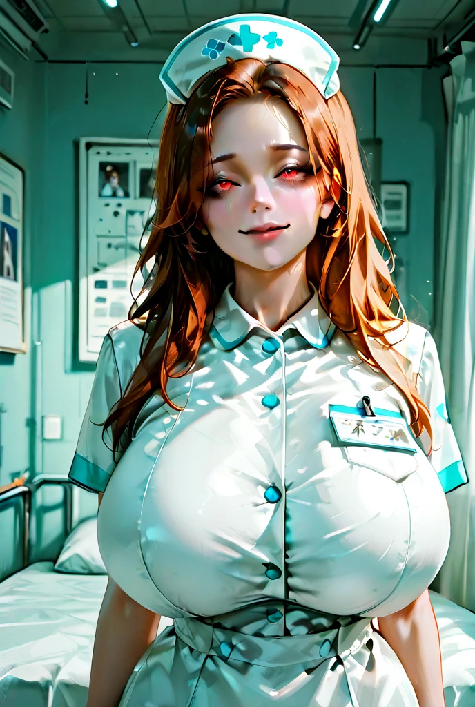 (masterpiece), best quality, highres, ultra-detailed,, 1girl, red hair, green eyes, medium wavy hair, swept bangs, huge breasts, freckles, curvy, standing, white nurse, nurse cap, hospital, hospital bed, leaning forward, hand on own knee, cleavage, hanging breasts, happy, open mouth, smile, cowboy shot, looking at viewer, downblouse, sexually suggestive,