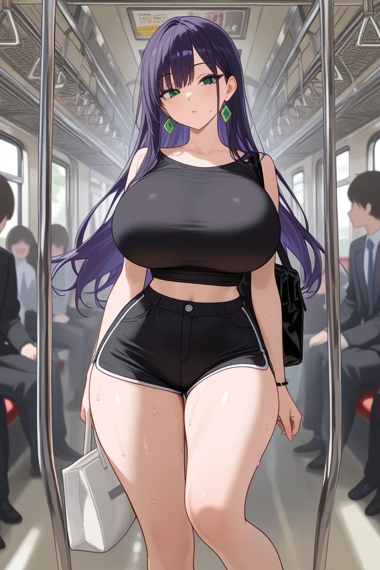A girl with short black hair, red eyes, large breasts, and a curvy body, wearing a black dress, standing in the subway, 1girl, anime hentai style, realistic sky, detailed background with many people or NPCs, detailed facial features, extremely detailed, high quality, 8k, photorealistic, sharp focus, cinematic lighting, vibrant colors, dramatic composition