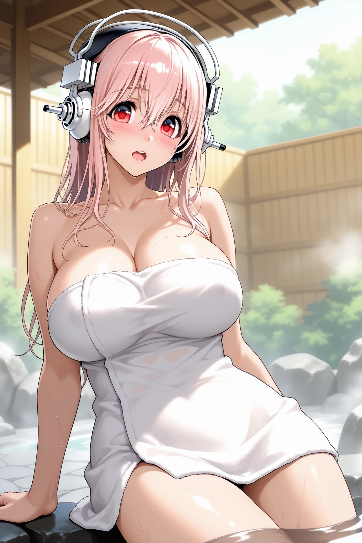 hot naked woman around thirty years old,Super Sonico, very skinny, with very large breasts, bathing in the forest in winter in front of a waterfall, in a squatting position, with a smiling perverted expression on their face