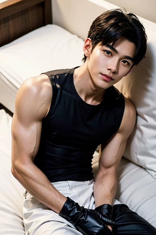 ((masterpiece)), ((best quality)), ((high resolution)), ((Detailed background)), ((extremely detailed)), 1 person,solo, Young men,Asian,male model,black hair,short hair,Smile,Sexy breasts,thin waist,6 pack abs,black shorts,Detailed physical description, in the room,Floor-to-ceiling windows,Sunlight,The shooting angle is from the bottom up,