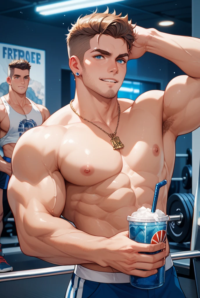the flash, 1boy, bara, male focus, big pecs, pink male nipples , on back, beach chair, beach, sunglasses, sunlight BREAK score_9, score_8_up, score_7_up, score_6_up, score_5_up, score_4_up <lora:albron:1>