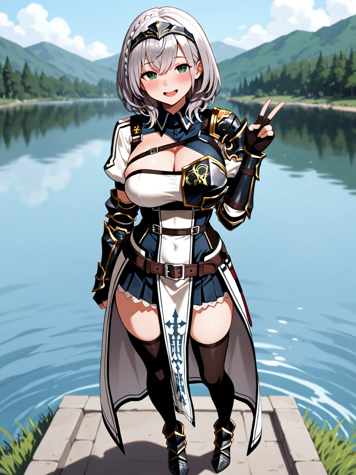 Highest quality, (masterpiece:1.2), figure, Absurd,
(One girl, alone), (Beautiful detailed girl),
Lu Lingqi, Grey Hair, Brown eyes,  short hair, 
Headpiece, Armored Boots, gloves, 
Grassy mountain々, wood, Japanese architecture, river, plant,, Place your hands between your legs, (Upper Body, Portraiture),,
View your viewers, have confidence,  I am proud,White thighs,(Couple:1.4),,金の鎧を着た女性のクローズアップPortraiture, Girl in Armor, ビキニアーマーのfemale knight, Gold Bikini Armor,Gold Bikini Armor, Gorgeous Female Paladin, female knight, 美しいfemale knightの, Beautiful Armor, Slender、Gold Bikini Armor, Exposed abdomen, Glamorous Gold Bikini Armor, Stunning Armor, The beautiful knight smiled,Vertical belly button、Skin radiance、Rough-skinned Esbian,Futomo,Silver Armored Boots,Don,Glasses