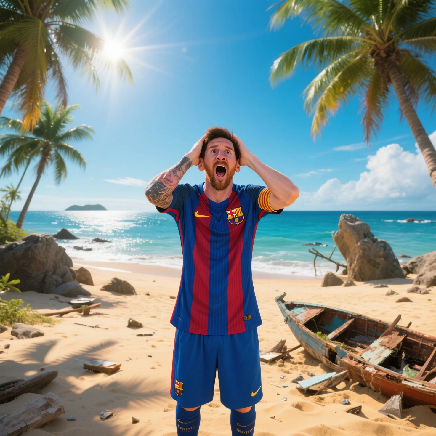 lionel messi, casual outfit, holding opened green coconut at beach in rio de janeiro, cristo redentor background, tattoos