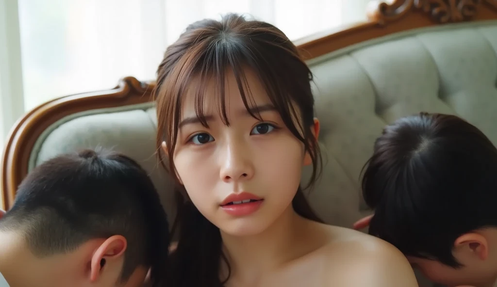 masterpiece、super high quality, crystal clear、RAW UHD format、Photo of 17 years old (blue eyesをした美しい女の子), (trained body、Sports Girl)、healthy beautiful girl、blue eyes、unreasonable、 highly detailed shiny eyes, ( looking at camera), Photographed with a Leica digital SLR camera、sharpness, shallow depth of field, cute face, background is blurry, fine skin pores, oily skin, tanned skin, intricate eye details、((short hair))、((no makeup))、(((very small breasts、very small areola)))、high school girl、confused、sweaty skin、love hotel bed、play with sex、orgy play、play with sex、Covered with sperm、Obedient slave、(((Two-shot photo with a man))) 、(((very small breasts and areolas)))、naughty body、(((princess playing with men)))、oily skin、(((surrounded by men、Covered with spermの体)))、(white cotton panties)、smile