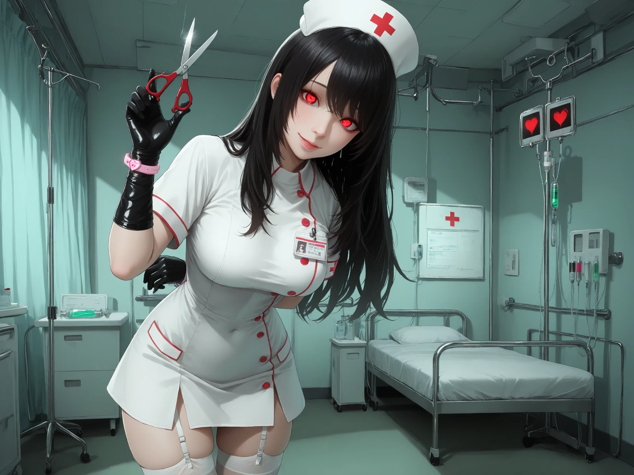 top-quality、Full limbs、complete fingers、1 beautiful woman、beautiful detailed eyes、super detailed skin、sweat、oil、Slender beauty、straight haired、blown hair、french braid、blunt bangs、head tilt、((black Nurse bikini、covered erectile nipples、very skinny))、cleavage、black nurse hat、White pantyhose、hospitals、Hospital Room、on Patient bed、(stethoscope)、((((vulgarity))))、spoken heart、（light dark skin：1.4）、