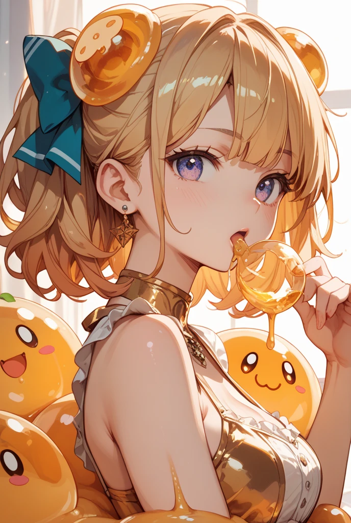 14 years old、beautiful girl、smile、Yellow Hair、Big eyeoonlit Night、Close-up of face、Beautiful collarbone、Close-up of face、Yellow Earrings、Curly Hair、Yellow Bikini
