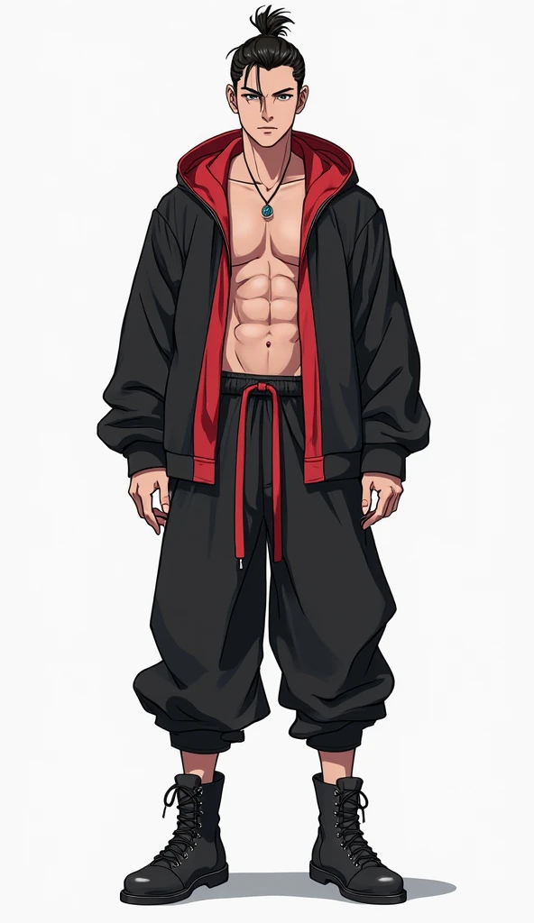 Um personagem de One Piece, he has red hair, wears black pants with a red detail, is 2 meters and 40 centimeters tall, He has a scar on his eye and another large wound on his chest that is shaped like an X and he also wears red flip-flops., thin and not very muscular, does not wear a shirt. I don&#39;t want blood!
