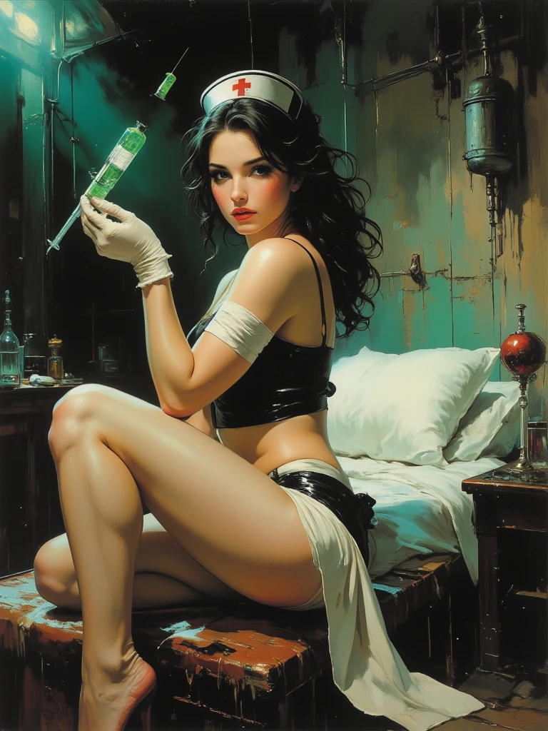 a sexy woman rests peacefully, four swords adorn the wall  (art inspired by Bill Sienkiewicz)