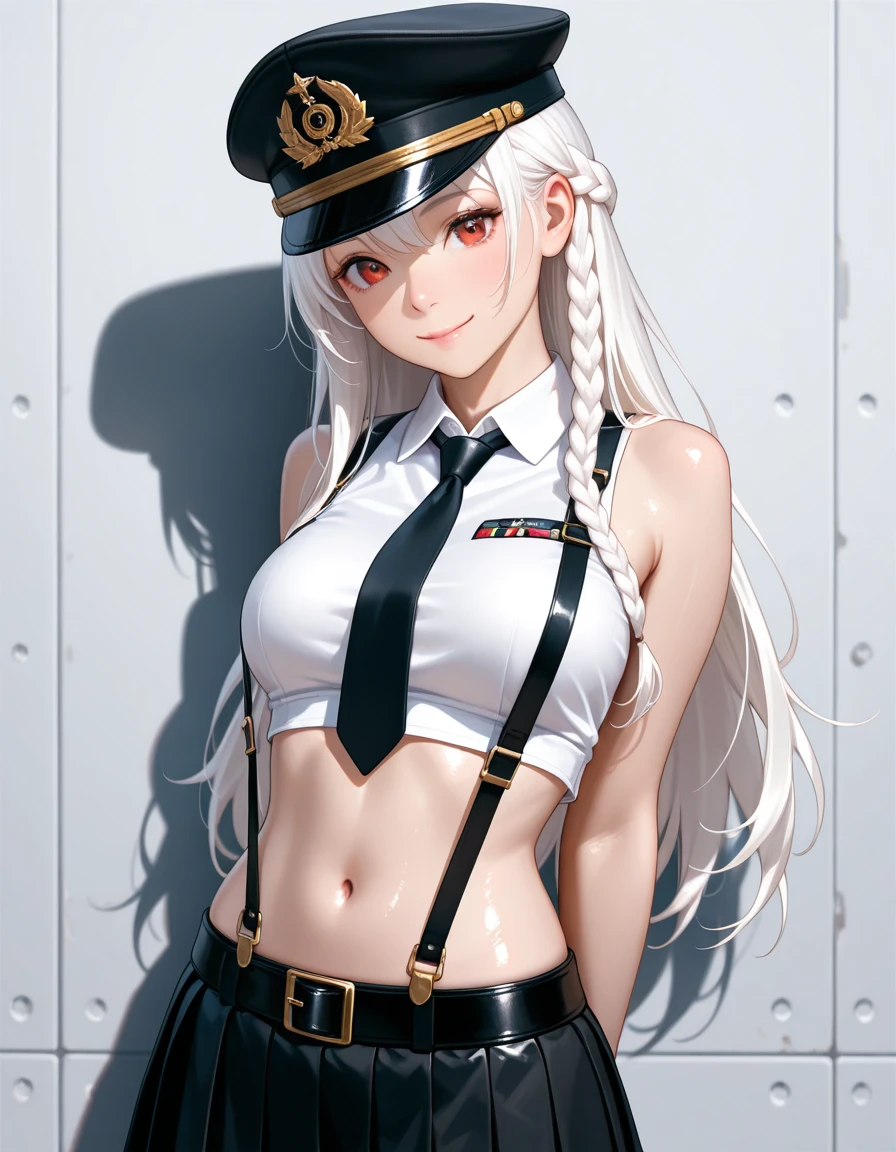 1female，Bigchest，girl soldier，white naval uniform，The kinky is exposed，Raised sexy，，Flushed complexion，Smile