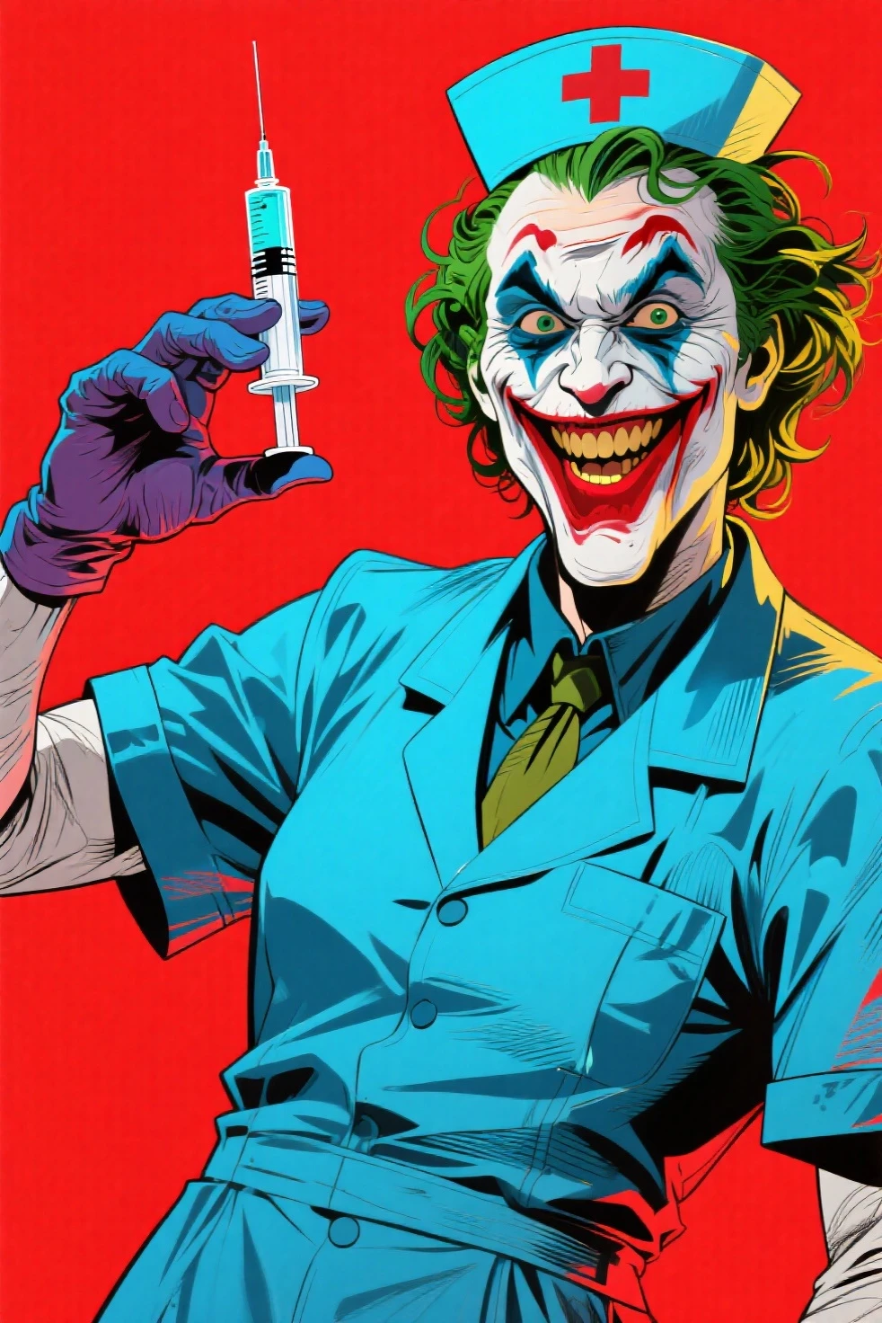 Create an image of the Joker as he appears in the comics, showing half of his body wearing a lab coat, holding a dentist's pliers in one hand and a needle in the other, with a smile on his face, but friendly, with no background behind him, in the form of a circle.