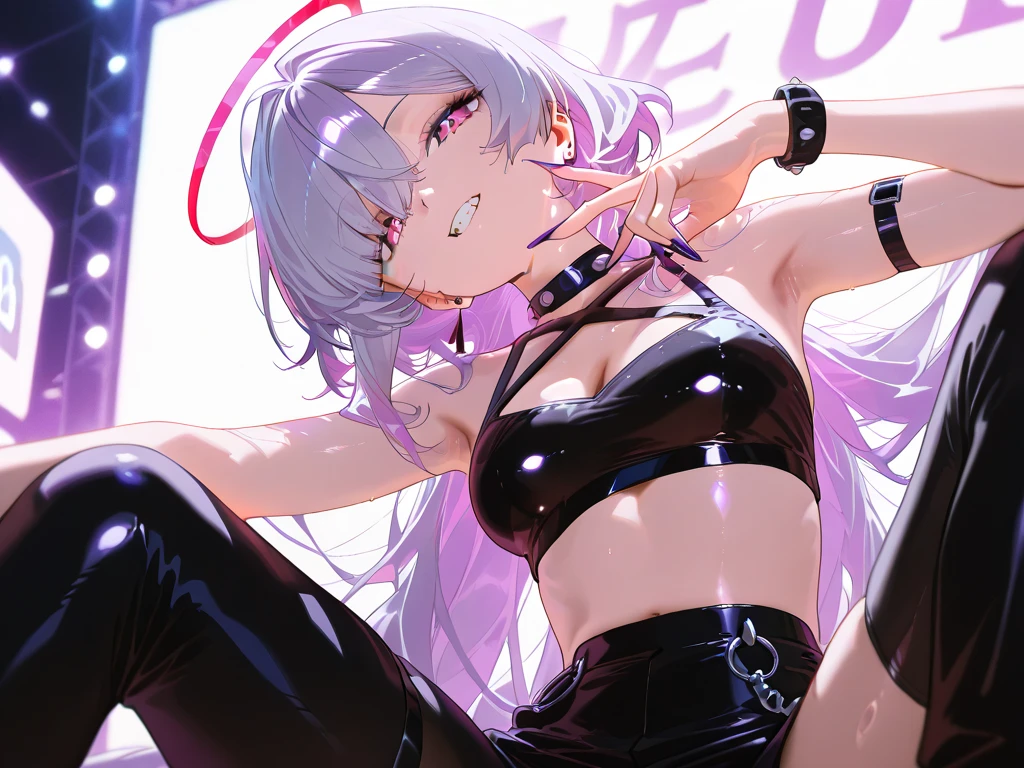 masterpiece, best quality, cowboy shot, 1girl, large breasts, black lips, white hair, long hair, off shoulder jacket, showing breasts, exotic black bra, neck strap, showing navel, black mini skirt, black boots, abs, chains,
<lora:Gun2HeadV4:1.2>, fg2h, fingergun,
<lora:punk_v0.2:0.55>, punk,
<lora:Crazy_ExpressionsV2:0.35>, crazy face, crazy eyes, (crazy smile:1.2),
squat, spread legs, concert stage, focus light, surrounded by people,