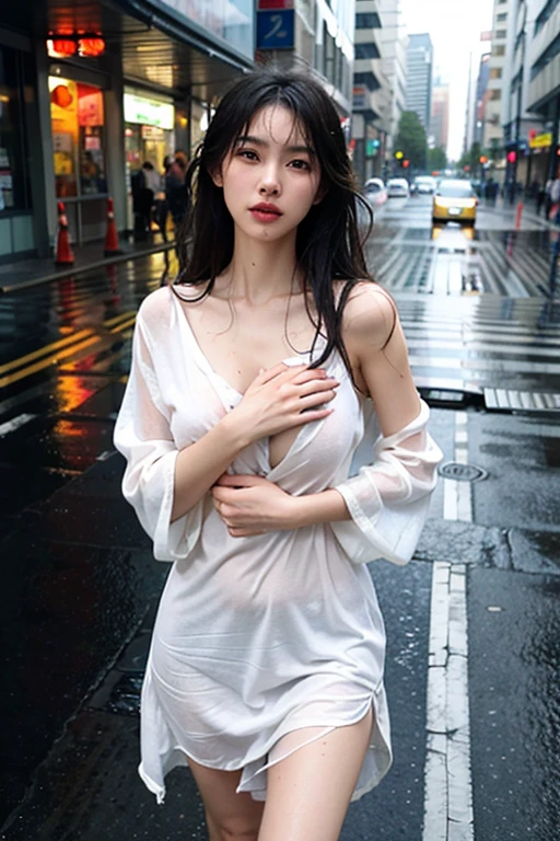 ((Best Quality, 8K, Masterpiece: 1.3)), Sharp: 1.2, Perfect Body Beauty: 1.4, Slim Abs: 1.2, ((Long layered Hairstyle, Big Breasts: 1.2)), (Wet White unbutton Long Shirt: 1.1), (Rain, street: 1.2), Wet: 1.5, Highly detailed face and skin texture, detailed eyes, double eyelids, side face looking at the camera