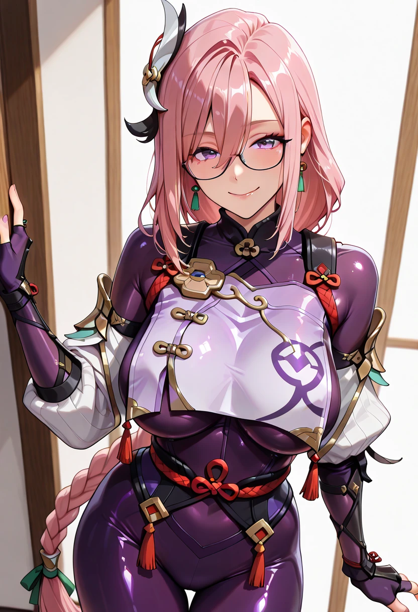 (masterpiece, best quality, ultra detailed, hyper realistic, photo),delicate pattern, detailed background, uncensored completely,
1yae miko, cowboy shot, japanese girl, class room,
, loose collar, skirt, looking over eyewear,
hair between eyes,
put up index finger and one hand on hip, angry with puffed cheeks,
from above, leaning forward,