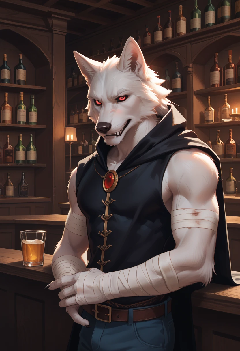 (sfw:1.5), male focus, Pharmacy师, Handsome 1boy, solitary，protrait photo，single, (Black nails, Black claws, White feet, White feet底板:1.4), White hair, White skin, (Black tiger stripe:1.3), (White tail:1.3), White Teeth, (White fangs, Exquisite fangs, Perfect fangs:1.4), Delicate teeth, Perfect Teeth, (Perfect red eyes:1.4), (White body, White ears:1.3), 
White Tiger, White Tiger, dragon boy, dragon body, feet, (evil eyes, big eyes, large eyes:1.4), (Chubby, The body is huge, Larger face:1.3), Human feet, (Four toes:1.4), 
(古希腊Red robe, Red cloth wrapped around the crotch, Red robe, Red Cape:1.4), (Topless:1.1), 
(full body:1.2), Front view, (Middle-aged men, Mature men:1.4), (Strong body, muscle,Strong male, muscle男, Bare chest muscles:1.3), Red nipples, (Abdominal muscles:1.4), belly button, (Bare legs, Strong and strong legs, Strong legs, Thick arms:1.3), (Sitting, Sitting:1.3), (Looking at the audience, Focus, Eyes gaze:1.1), enjoy, (evil smile, evil grin, evil smile, Evil smile:1.5), (Holding a red potion in hand:1.4), 
full background, Stone brick floors, indoor, Potion Rack, Wooden frame, night, Candle, Pharmacy, Potion Bottle, Dim environment,
Mysterious and romantic atmosphere, Caustic lines(refraction, polarization)Perfect anatomical structure, absurd, Detailed background, (Delicate eyes:1.3),Printing style。((artist:Takemoto Arashi))