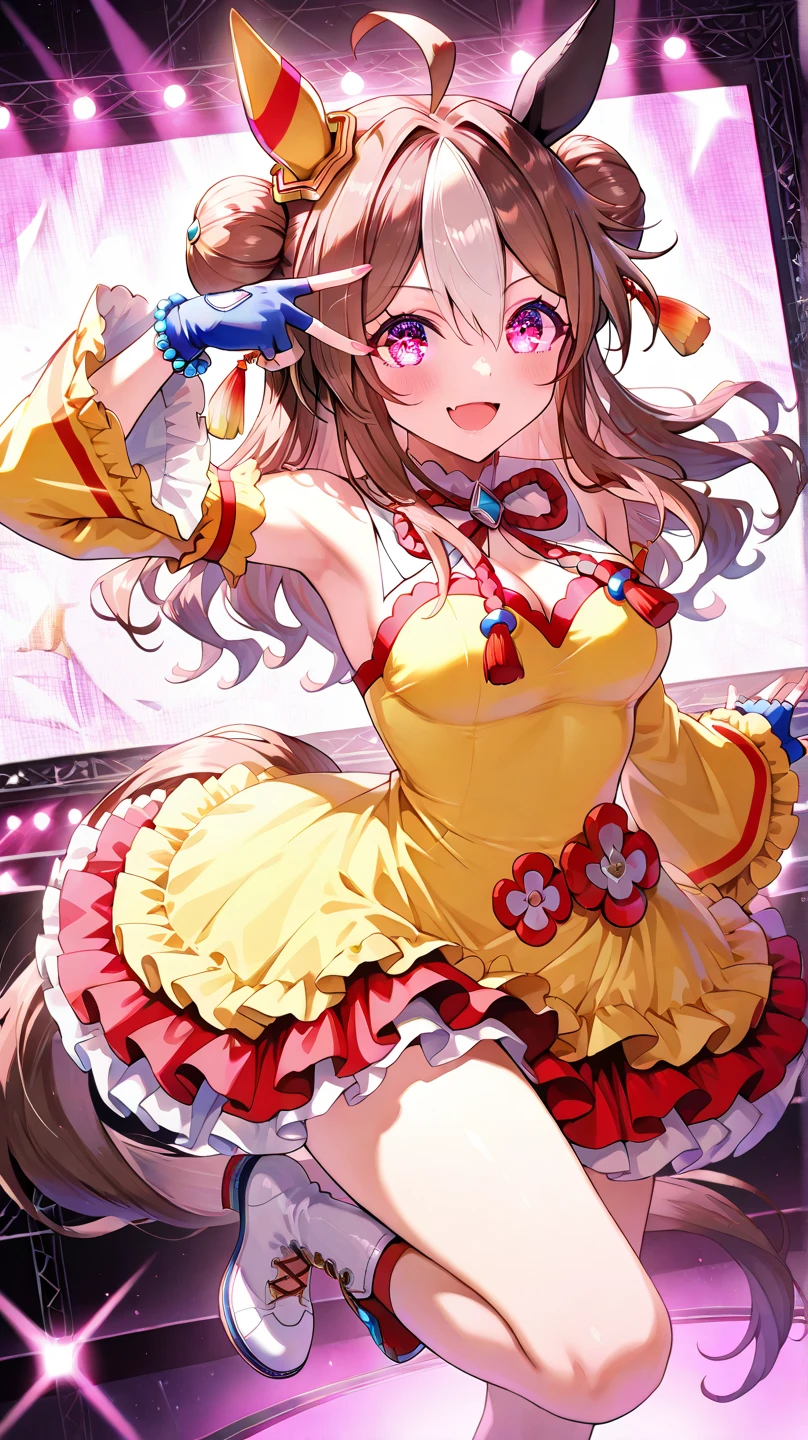 masterpiece, best quality, detailed, highly detailed, ultra detailed, extremely detailed CG, high resolution, 4K, copano rickey \(umamusume\), bare shoulder, off-shoulder, blue gloves, bead bracelet, fingerless gloves, detached sleeves, wide sleeves, red ribbon, neck ribbon, cleavage, yellow dress, frilled dress, yellow footwear, white footwear, boots, mismatched footwear, asymmetrical footwear, smile, arm up, armpits,