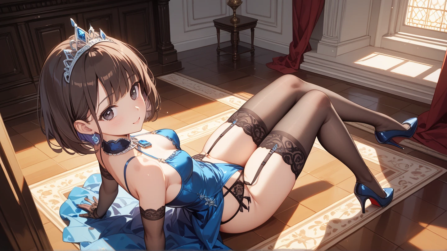 (​masterpiece,Best Quality:1.8),(8K,superfine illustration:1.5),(ultra-detailliert:1.8),(A woman who draws beautiful pictures),Cute Girl,Smile:1.6:(Metallic Gold,an lingerie:1.4),(Metallic Gold、See-through body stockings:1.2),(sexy  pose:1.5),Sit up,(Bedrooms:1.6),Dynamic Angle,Random position,blue tone、