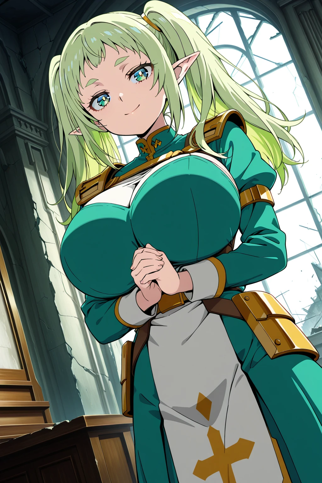 High detailed, 1 girl, light green long hair, busty, firm plump body, genetics uniform , Juliet sleeves, pencil BLUE skirt, deep cleavage, Juliet sleeves