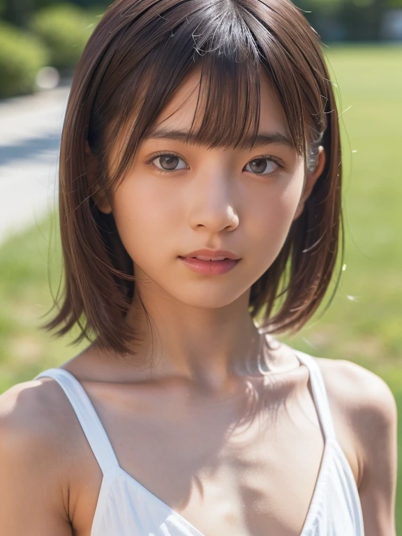 highest quality, High resolution, realistic pictures, detailed skin texture, (((Cute 12 year old Japanese girl in white camisole))), (flat chest:1.5), towards the camera, slim body shape, charming gaze, Fair skin, view audience, focus on face, close up of face