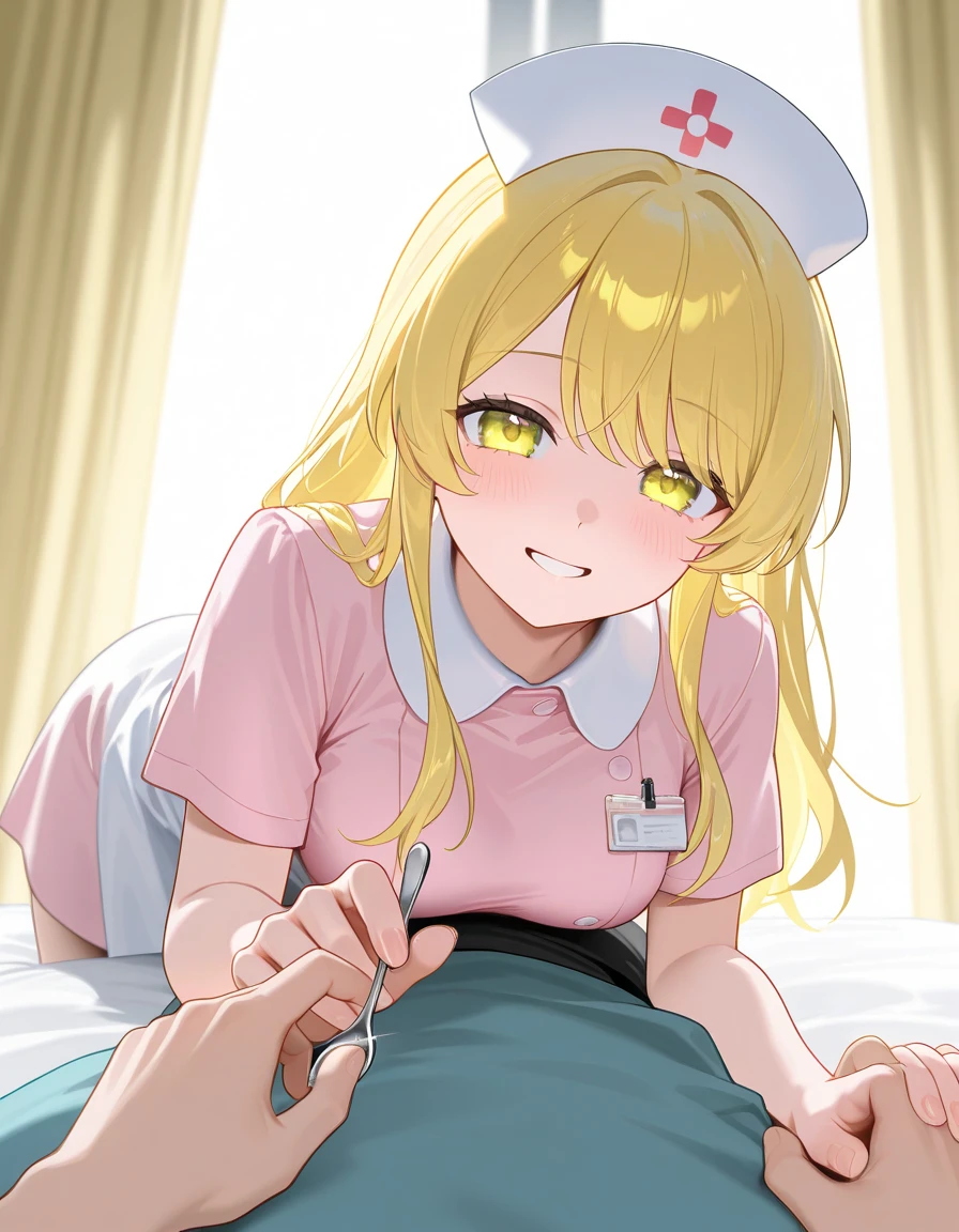 masutepiece,Best Quality,ultra-detailliert, Illustration, Professional Writing, long shot, Dutch angle shot, (white nurse uniform, white pants, bare hair, bare head, long sleeve), Japanease, beautiful, kawaii, Cute, 24 years old, eye contact, (((handjob))), smile, 1boy, lying, groupshot, veiny penis, pojecile cum, penis focus, pubic hair, (hospital room)