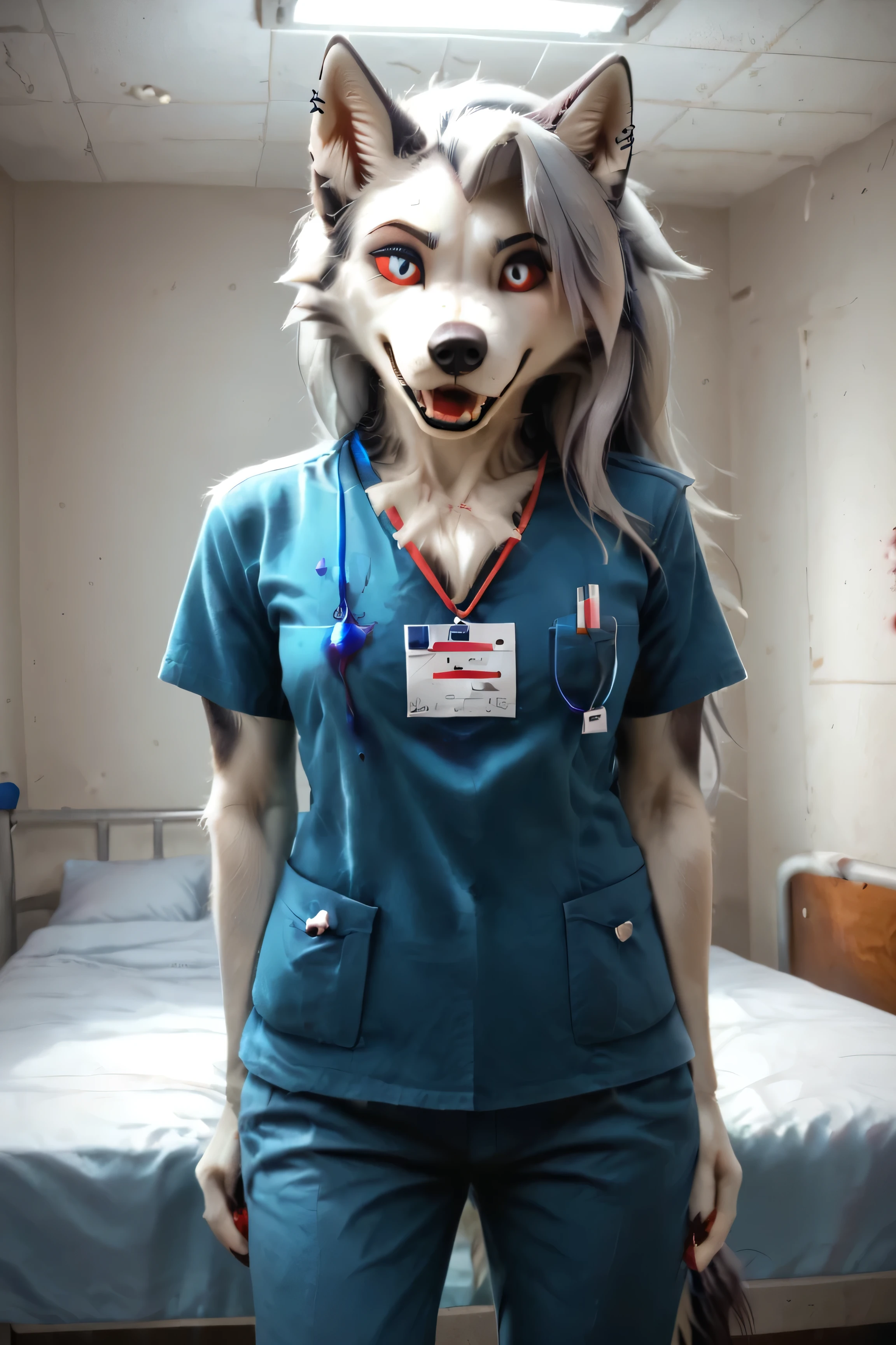 Loona, furry, fluffy tail, solo, hud_scrbs, short sleeves, shirt, pants, pocket, lanyard, ruanyi0703, blood splatter, dark, happy scary look,standing next to a hospital bed, holding a syringe with a blue liquid, low lighting, front view, high-range shot, ultrahigh details, ultra-realistic photo, two-tone fur, gray fur, anthro, wolf girl, animal nose, wolf tail, red sclera, white iris, canine teeth, bangs, absurd res, detailed skin, detailed hair, extremely detailed, sharp focus, sharp details, 8k,