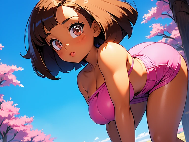 she has past shoulder length brown hair with bangs tied up in a ponytail, brown eyes, very fair skin, she is beaultiful, anime, black woman bunny suit, small breasts and ass