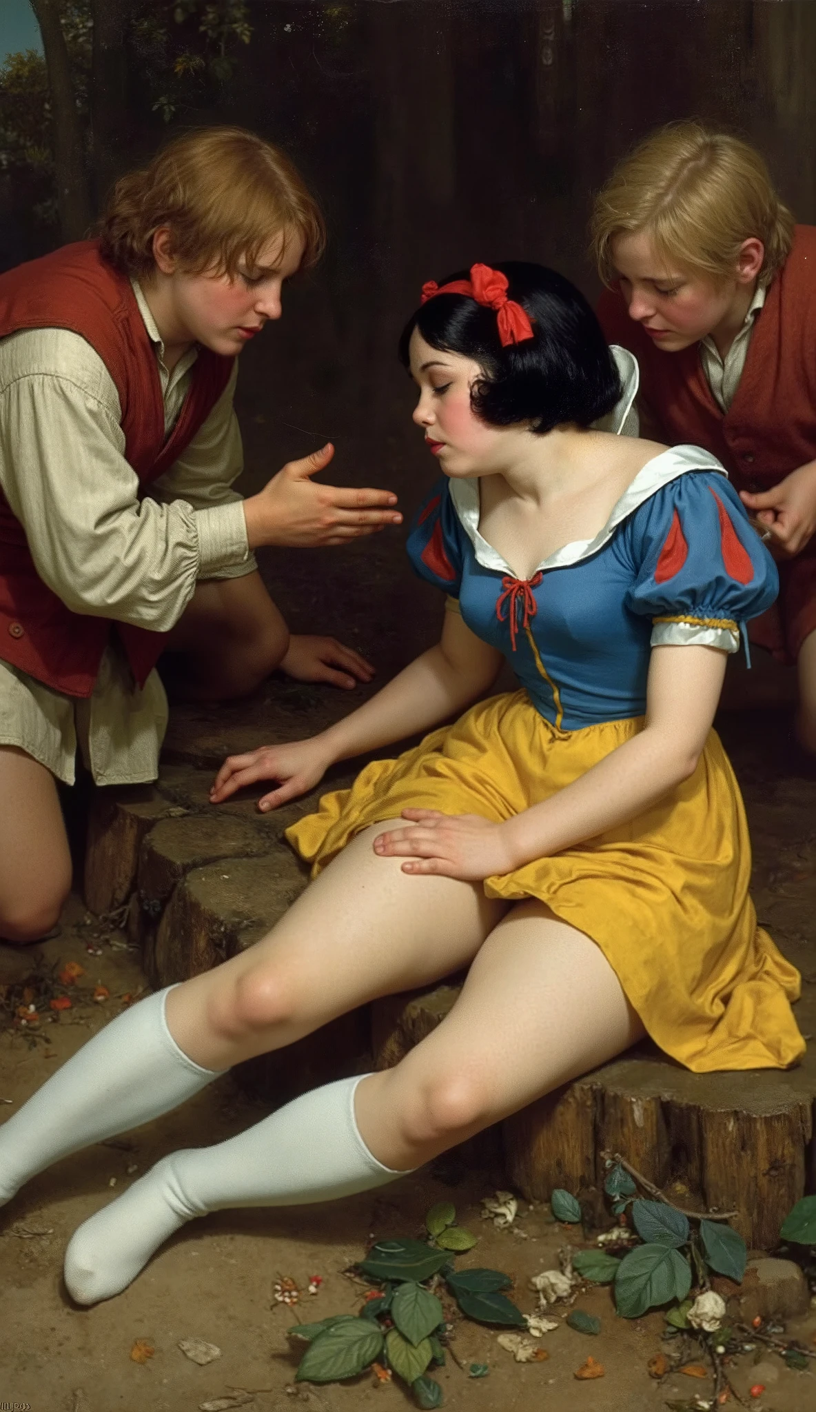 ((nsfv)),
19th century style,
full body,
old photo,
1 girl, 7 guys,
in early summer in 17th century Germany、
Seven dwarves rape Snow White's corpse lying down、
Юная snow white、snow white 、
She has black bob hair with red ribbons、
she wears a blue sweater and a yellow miniskirt、
Snow White's heart was taken out and thrown into the woods、
((dwarves killed Snow White many times))、snow white была изнасилована、 tousled clothes、Dwarves stripped Snow White's clothes、
The dwarves commit a crime and desecrate Snow White's body 、