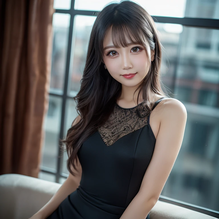 (highest quality, 32k, High resolution, masterpiece:1.5, ), Memorable photos in abstract style, Evokes a sense of calming serenity and elusive beauty, Very rich emotional expression, Have a rich imagination, Beautiful Japanese Girls, ((whole bodyフルショット)), An exceptionally beautiful face, Shiny brown hair, ((Beautifully groomed long hair)), Asymmetrical bangs, Hair between the eyes, Beautifully trimmed, thin eyebrows, Magical big eyes, Moist black eyes, Beautiful double eyelids, smooth and transparent skin, Pale pink detailed lips, Natural Makeup, Rich expression of emotions, Motherhood and generosity, Overflowing affection, (A gentle smile:1.4), ((Black silk dress)), High resolutionの美しい太もも, sit, ((Ridiculous absolute territory)), (whole body:1.3), The tallest building rooftop terrace, city illumination, Detailed full moon and starry sky, Beautiful moonlight, Professional Lighting, Professional Photographer, Professional models