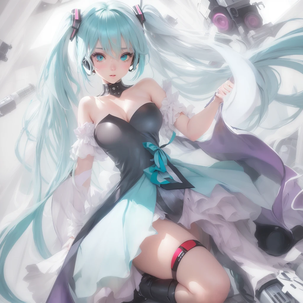 (One lady)、(​masterpiece)、(best qualtiy)、(ultra-detailliert)、(a high chroma)、(CG Illustration)、highcontrast、((low angles))、VOCALOID、((miku hatsune))、(Fine and beautiful eyes)、Delicate beautiful face、((dishevled hair))、Microware、(( wedding dress))、Hand Cover、See-through shirt、(Black stockings)、((B cup breasts))、((teats)) 、The best lighting、spread legswide、Float inside、simple background